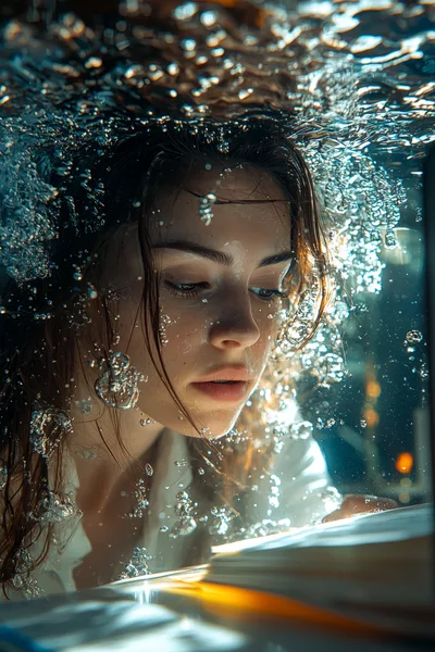 Woman Submerged Underwater Looking At A Glowing Book