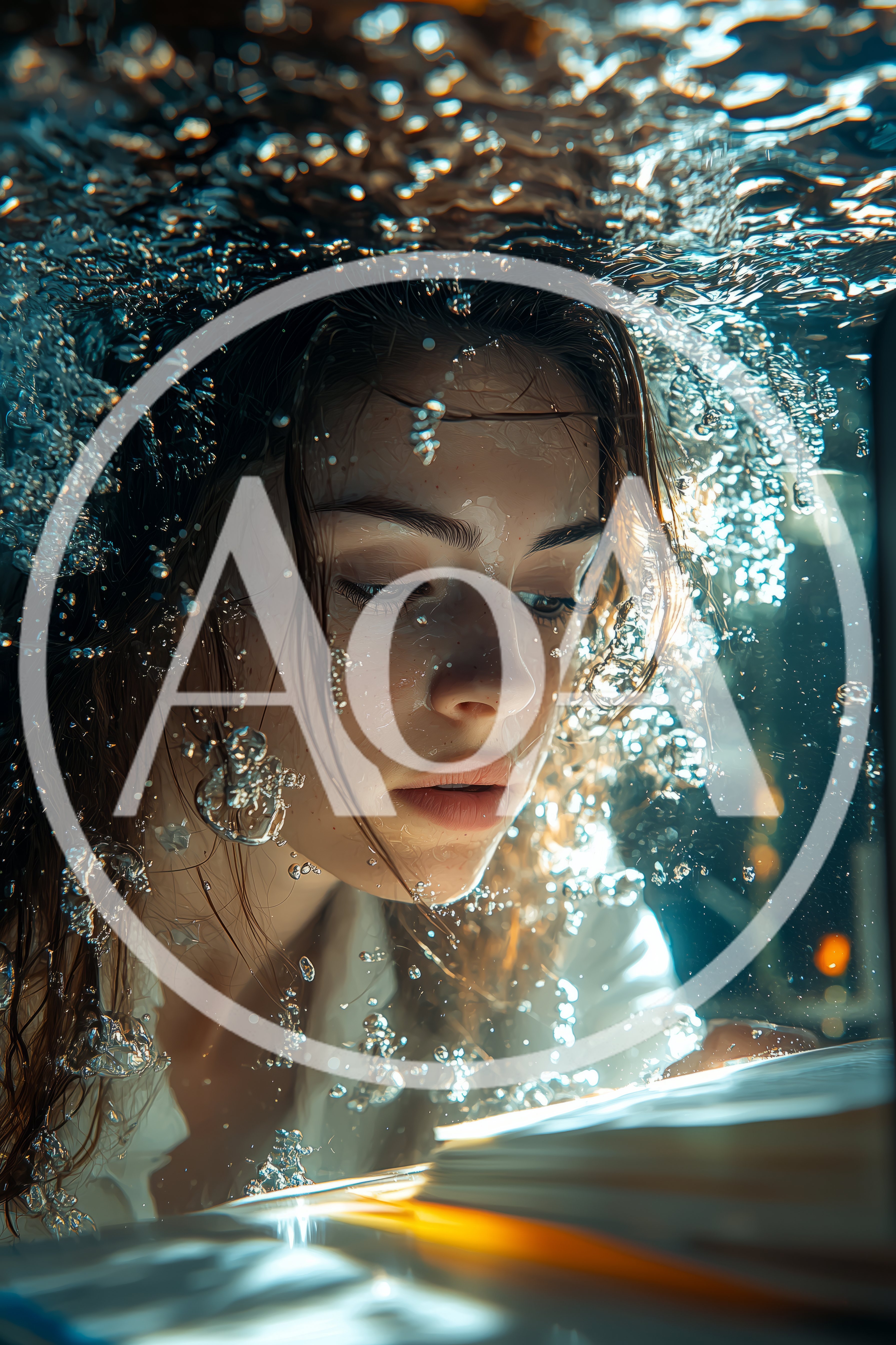 Woman Submerged Underwater Looking At A Glowing Book