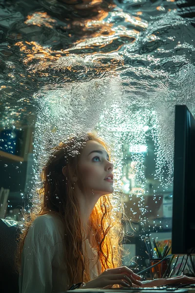 Young Woman Working At Computer Underwater