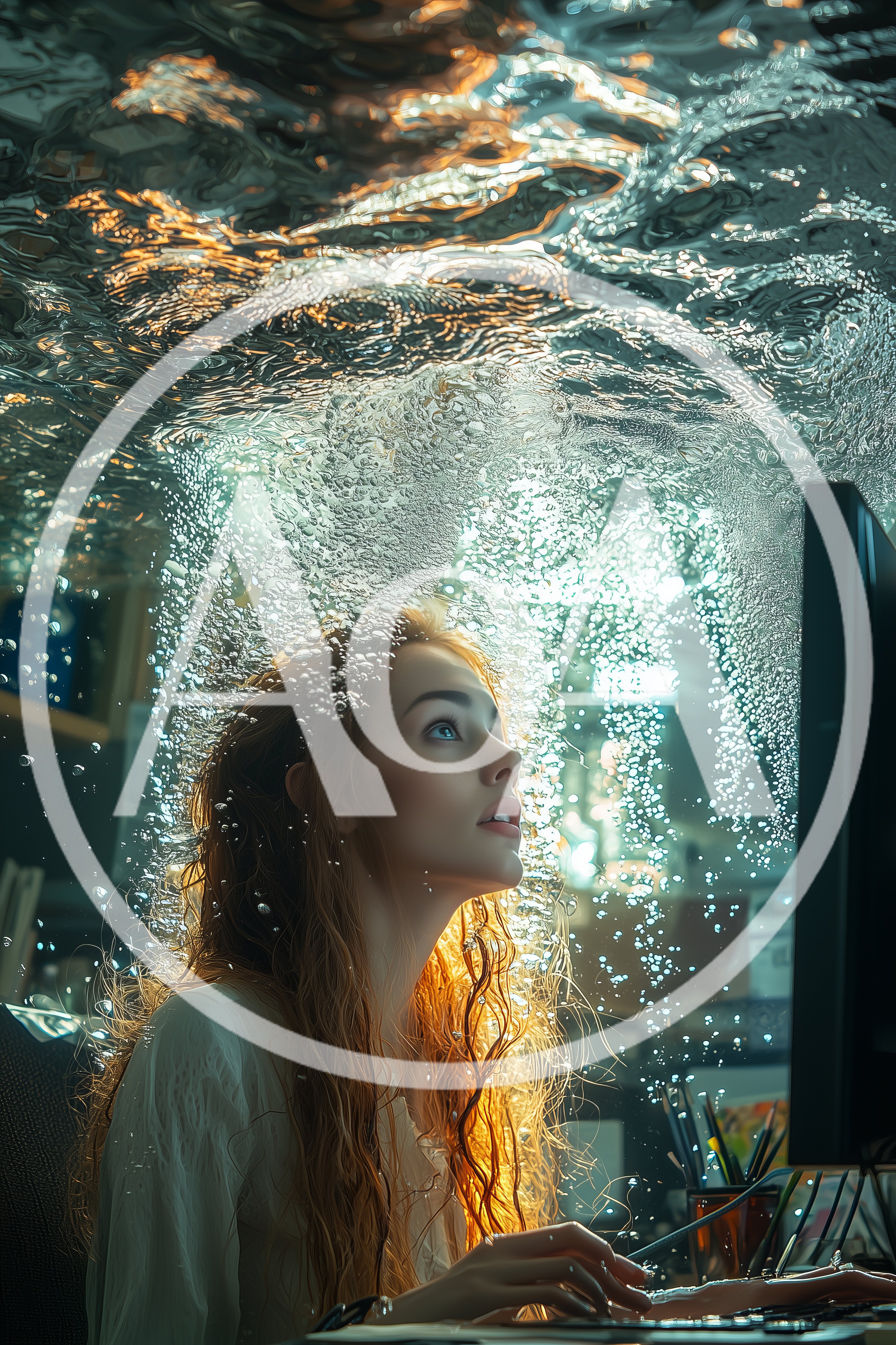 Young Woman Working At Computer Underwater