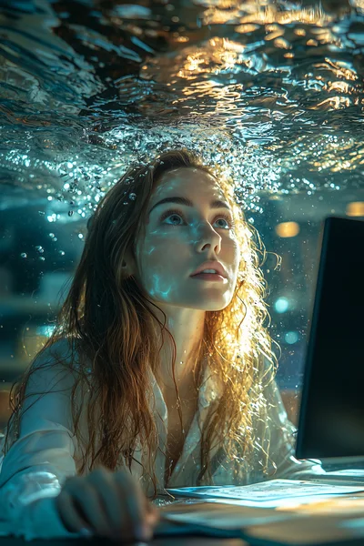 Woman Working Underwater With Laptop In Surreal Setting