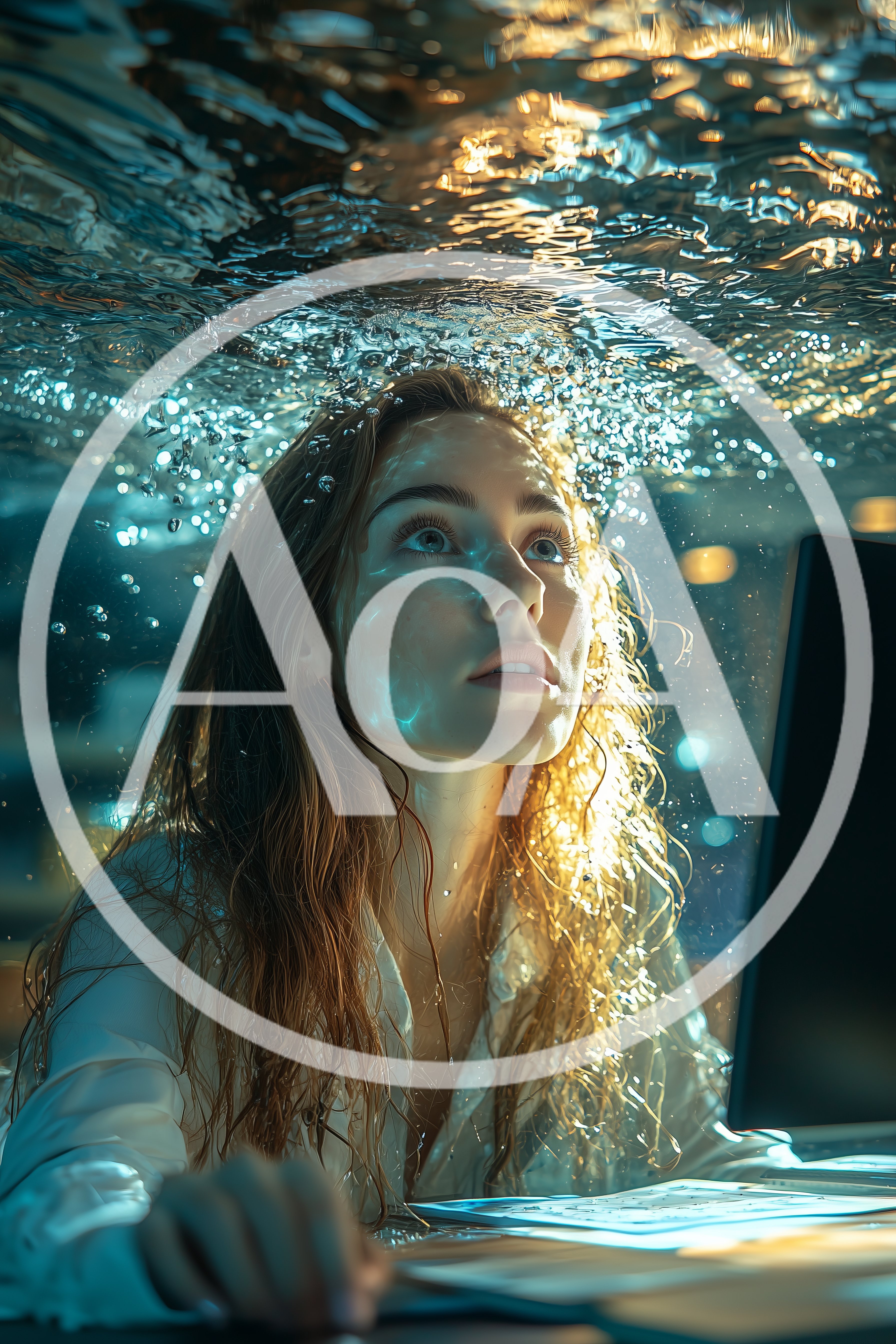 Woman Working Underwater With Laptop In Surreal Setting