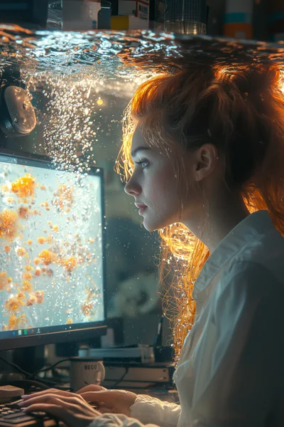Woman Working On Computer Underwater In Surreal Setting