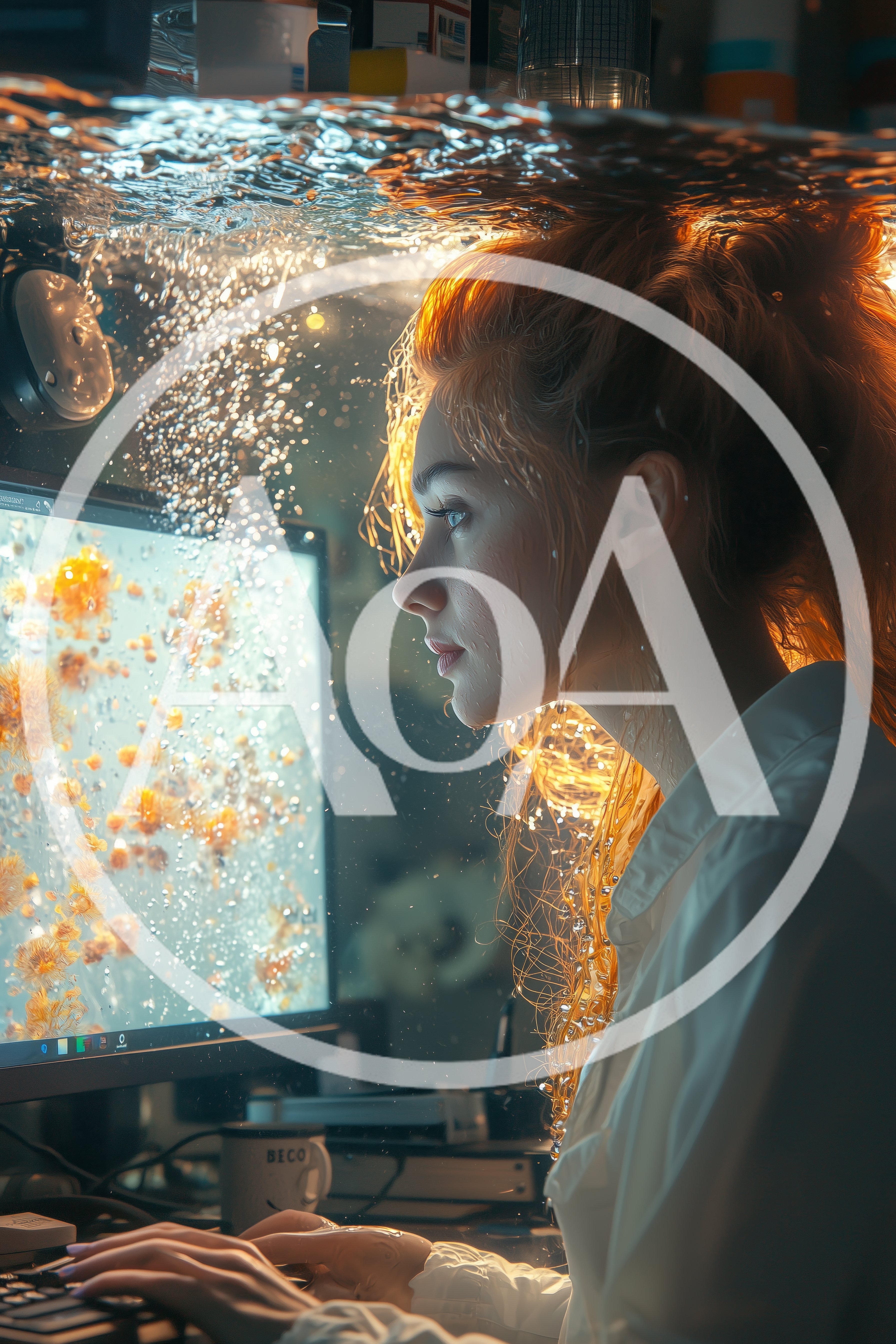 Woman Working On Computer Underwater In Surreal Setting