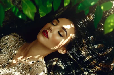 Beautiful Woman Resting Under Sunlight Through Green Leaves