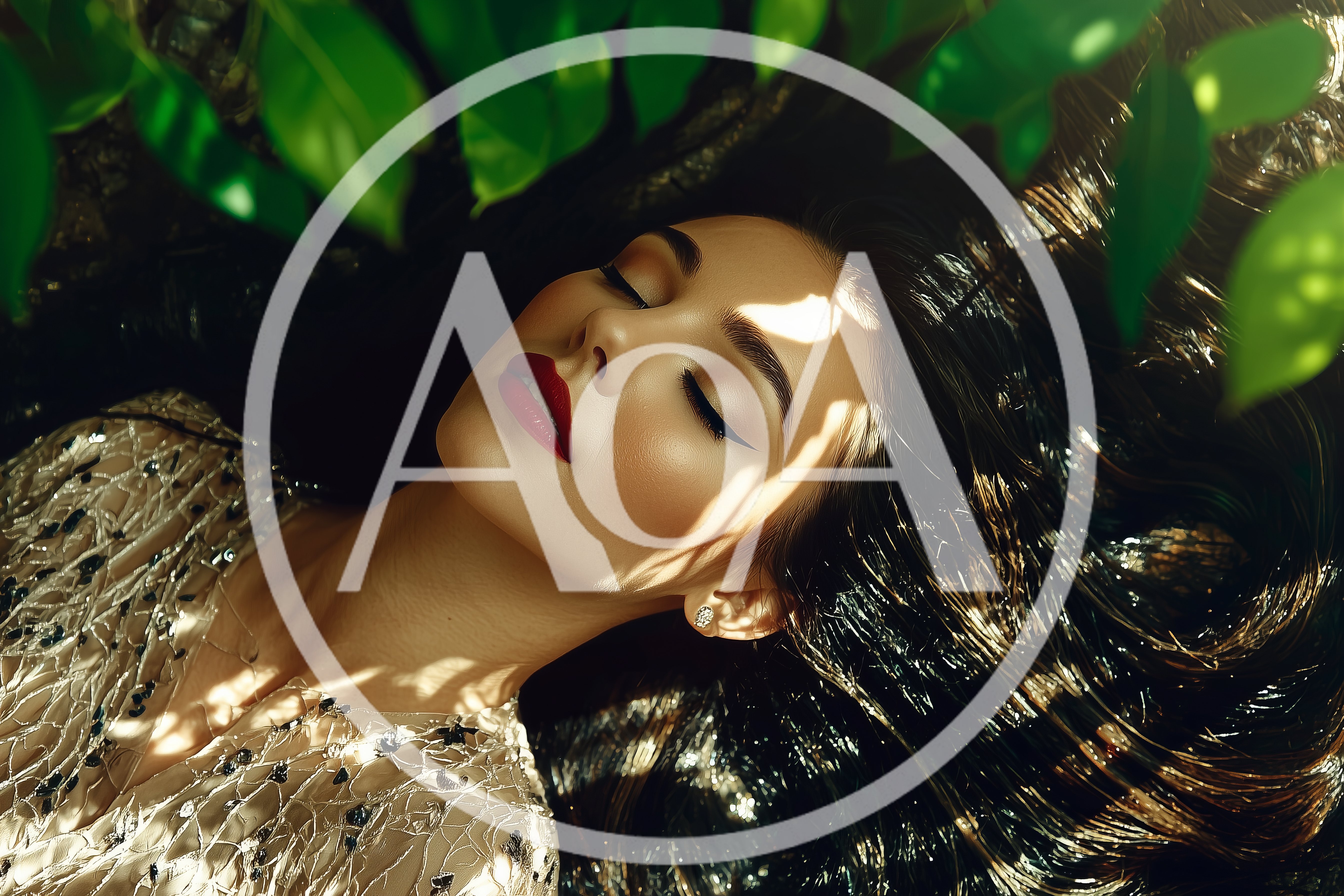 Beautiful Woman Resting Under Sunlight Through Green Leaves