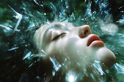 Surreal Portrait Of A Woman Surrounded By Shattered Glass