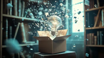 Light Bulb Floating Above Open Cardboard Box