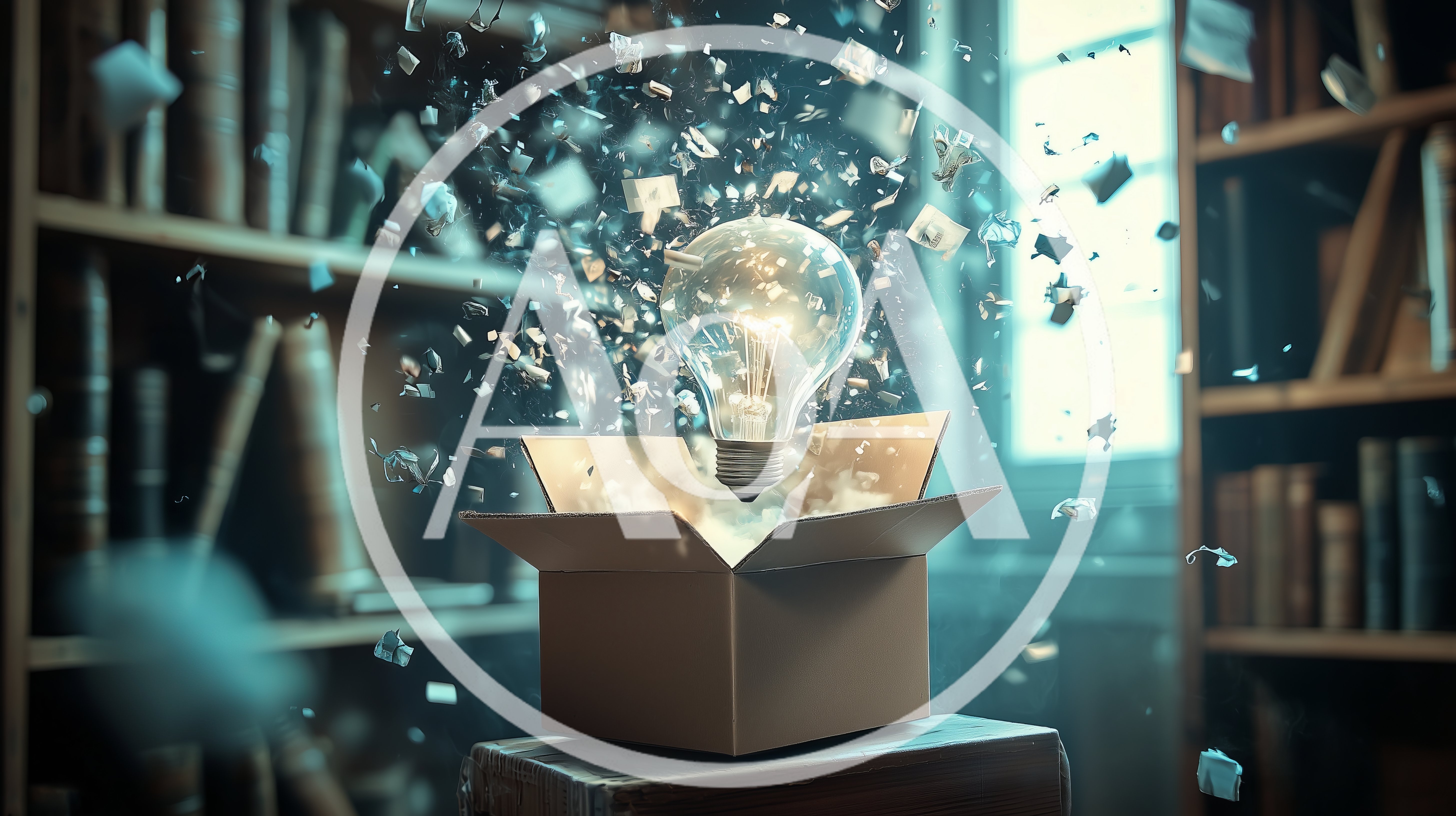Light Bulb Floating Above Open Cardboard Box