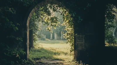 Stone Archway Leading Into A Sunlit Overgrown Garden