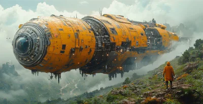 Futuristic Yellow Spaceship Hovering Over Mountainous Landscape