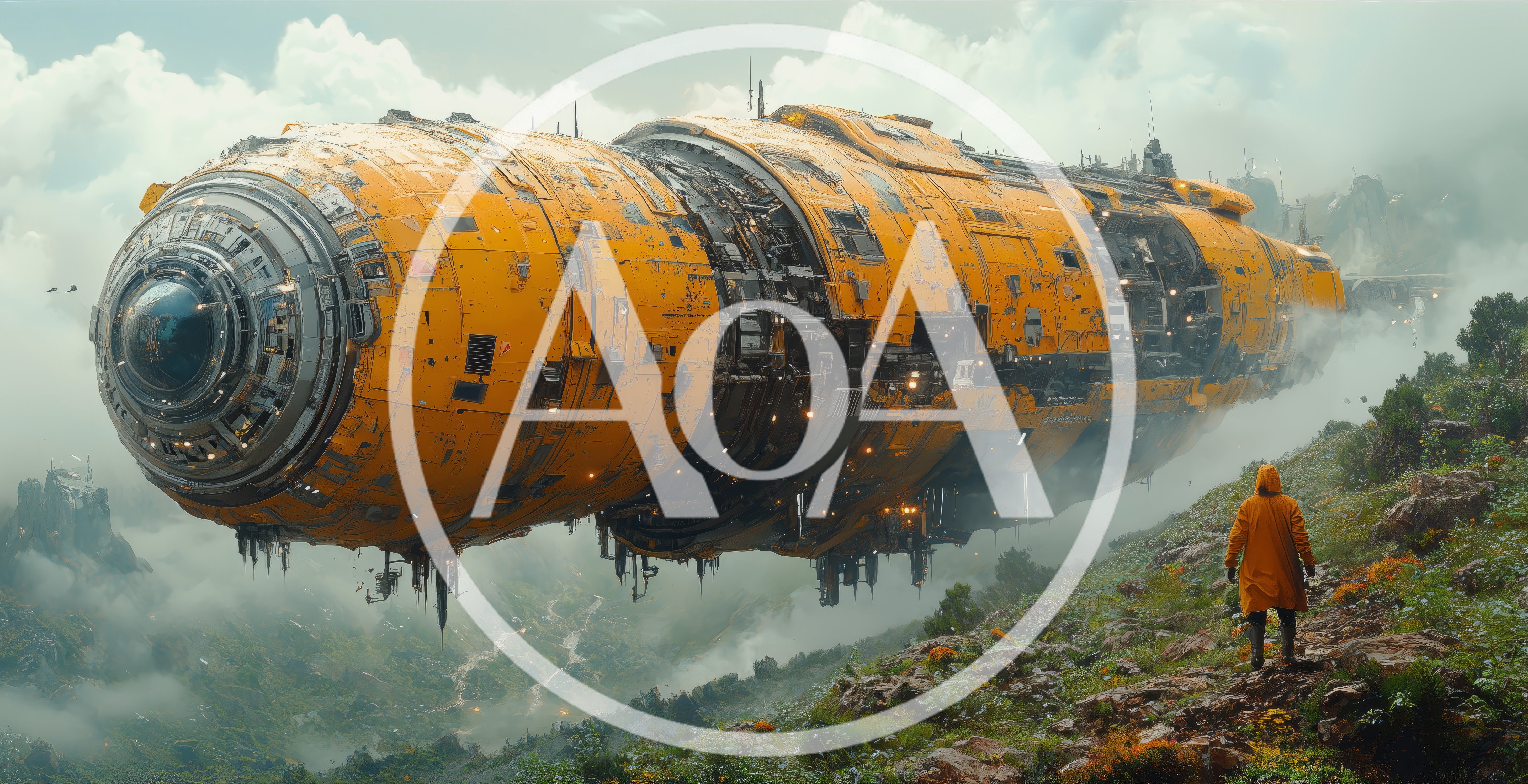 Futuristic Yellow Spaceship Hovering Over Mountainous Landscape