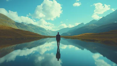 Man Standing Alone In A Calm Mountain Lake