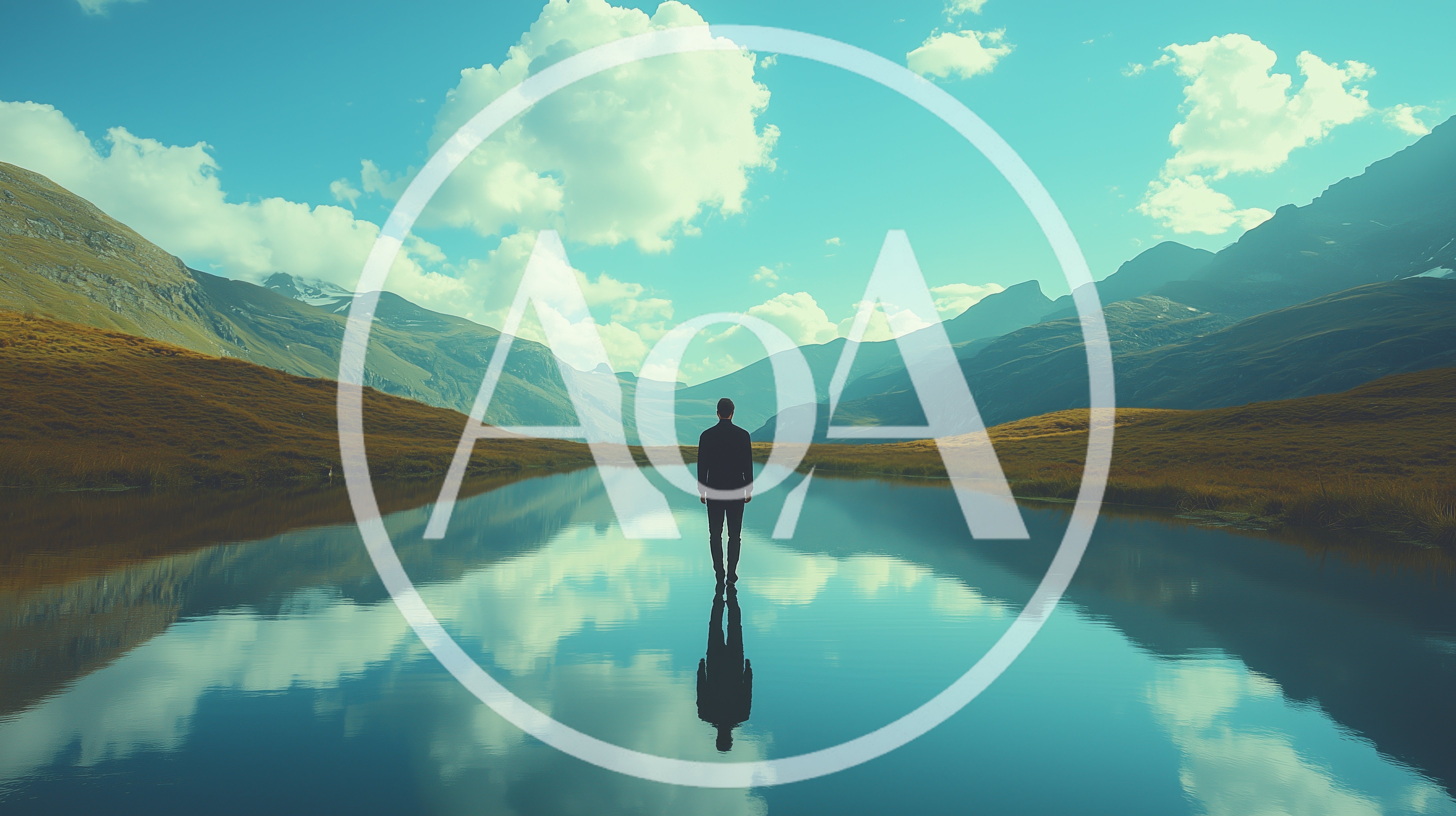 Man Standing Alone In A Calm Mountain Lake