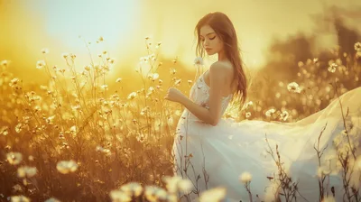 Young Woman In White Dress Walking Through Wildflower Field