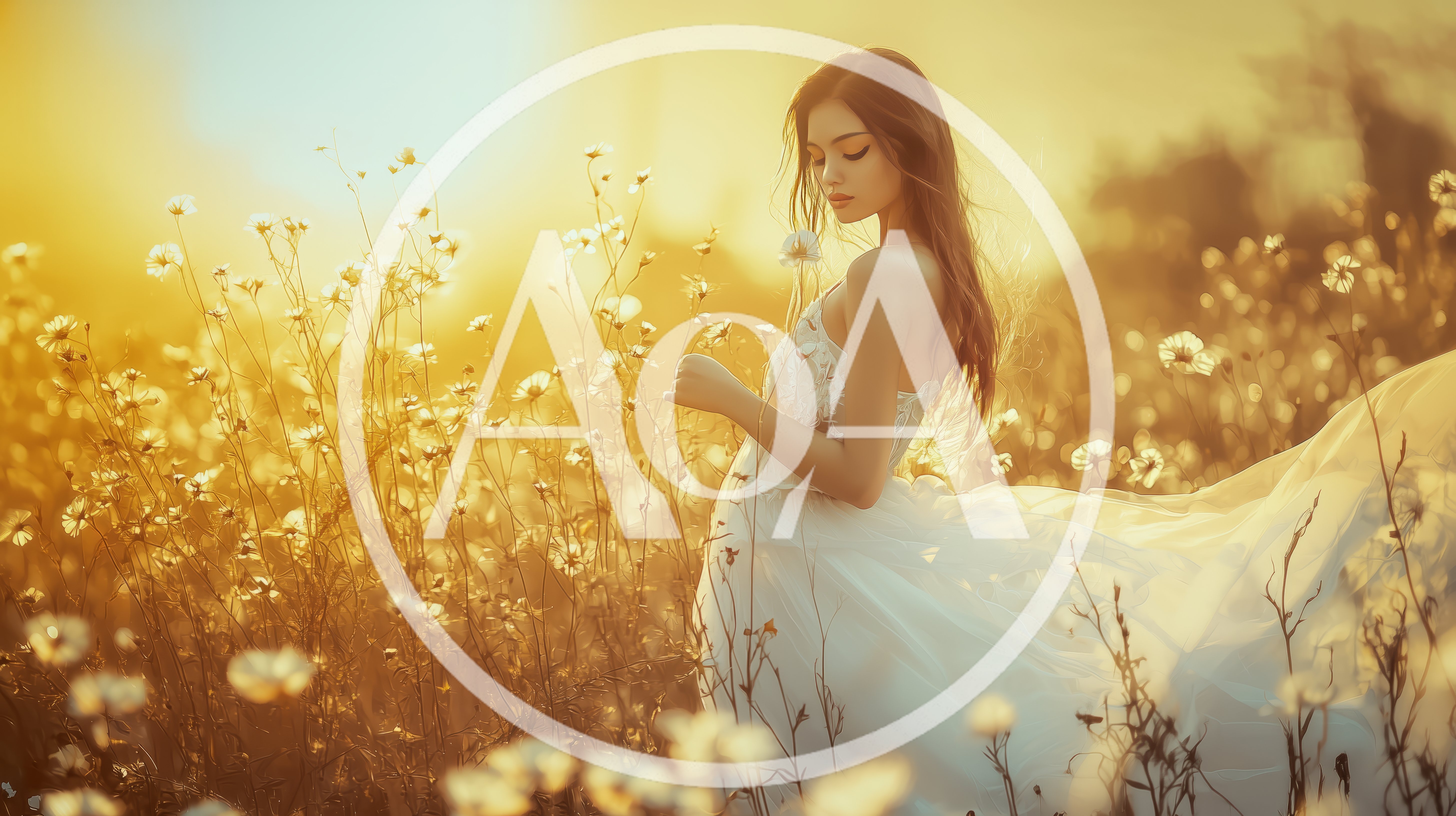 Young Woman In White Dress Walking Through Wildflower Field