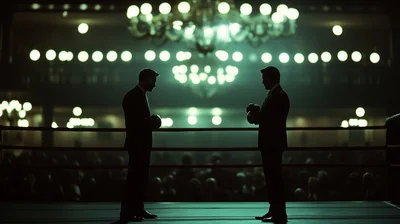 Two Men In Suits Boxing In A Dimly Lit Arena