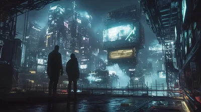 Two Figures Overlooking A Futuristic Cyberpunk Cityscape