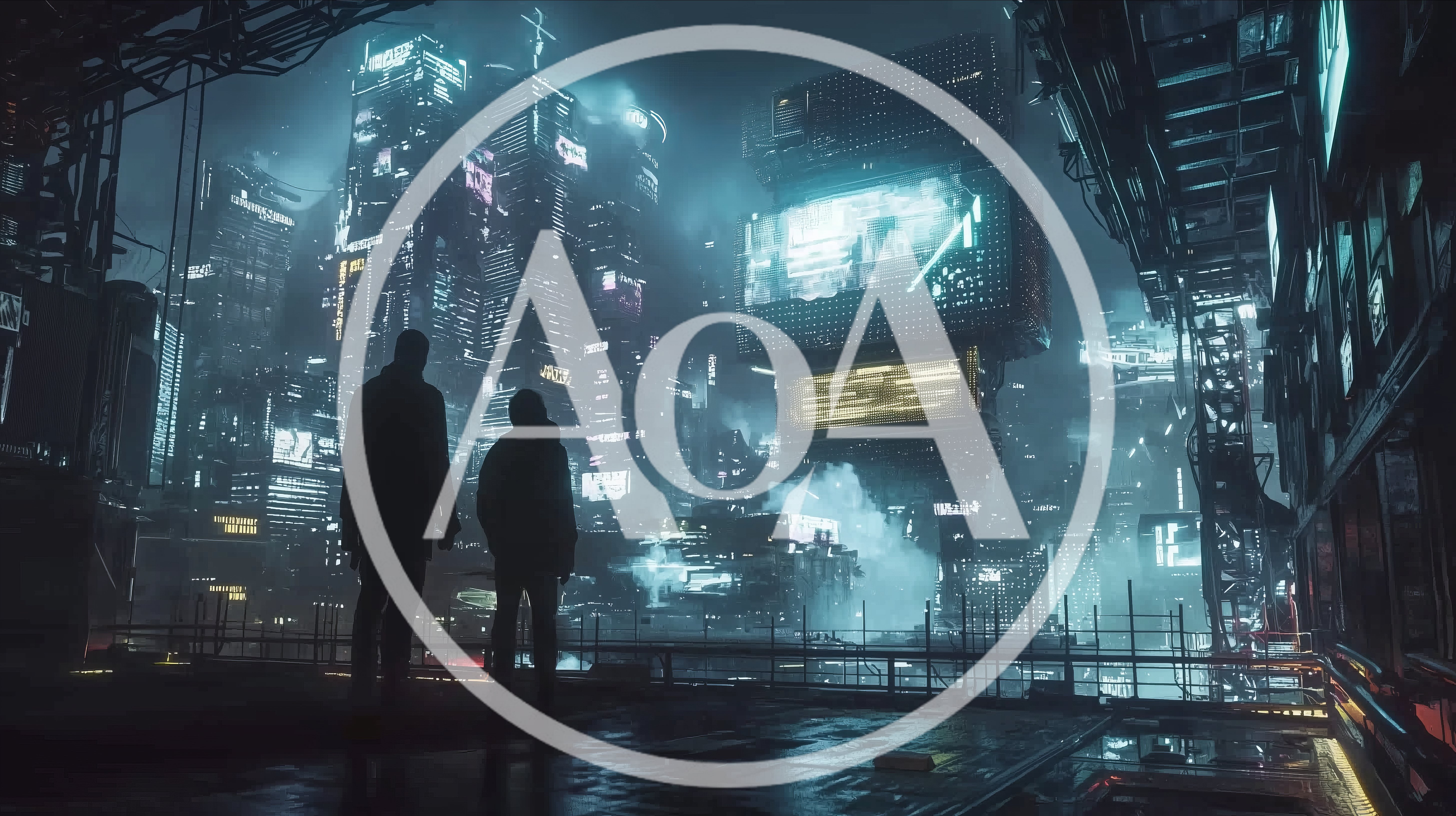 Two Figures Overlooking A Futuristic Cyberpunk Cityscape