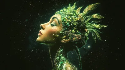 Ethereal Goddess With Bioluminescent Plant Hair In Space