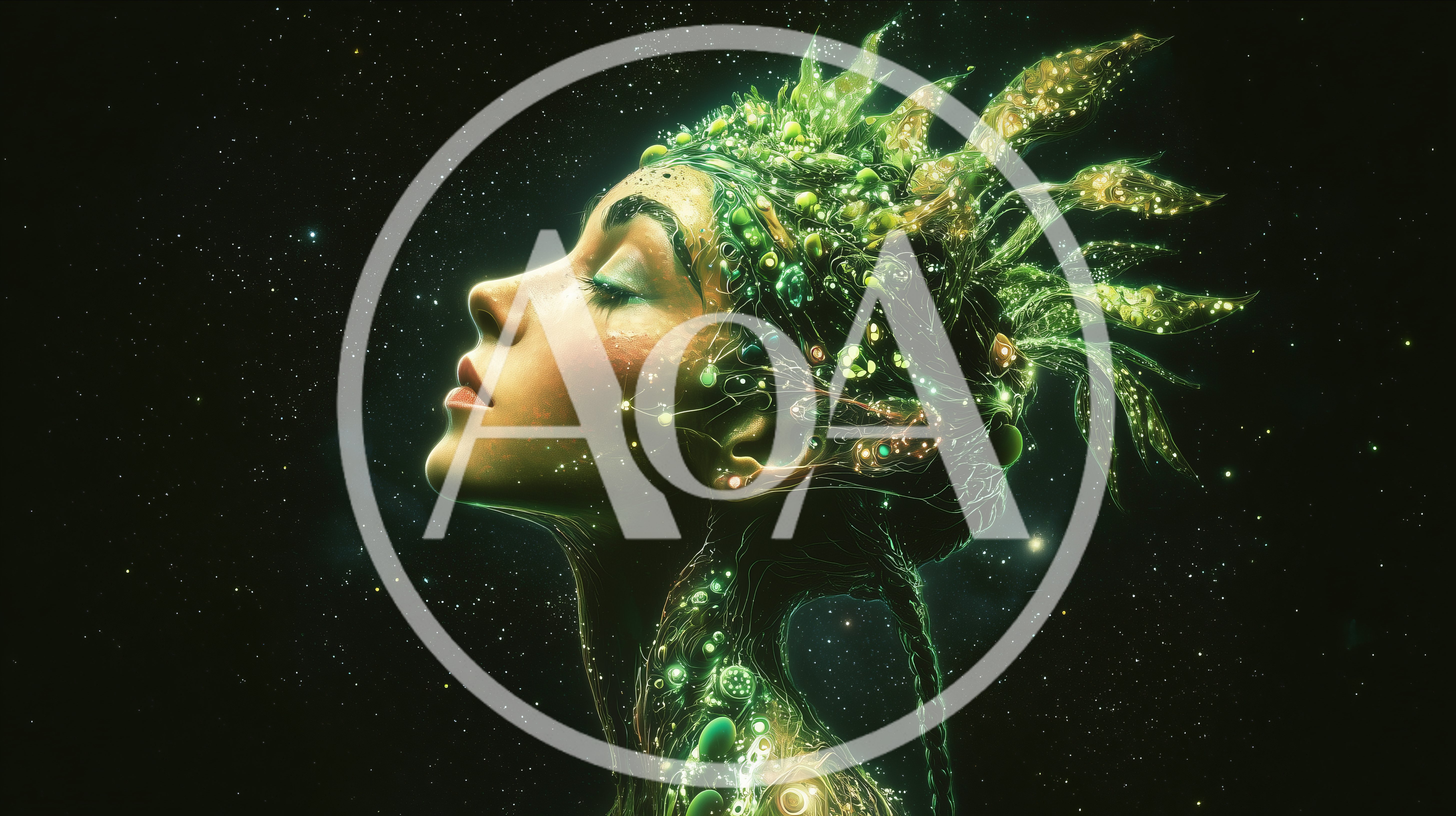 Ethereal Goddess With Bioluminescent Plant Hair In Space