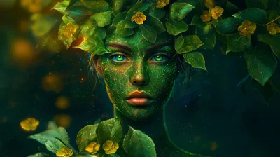 Ethereal Forest Spirit With Green Foliage And Glowing Eyes