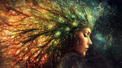 Surreal Portrait Of A Woman With Tree Branch Hair