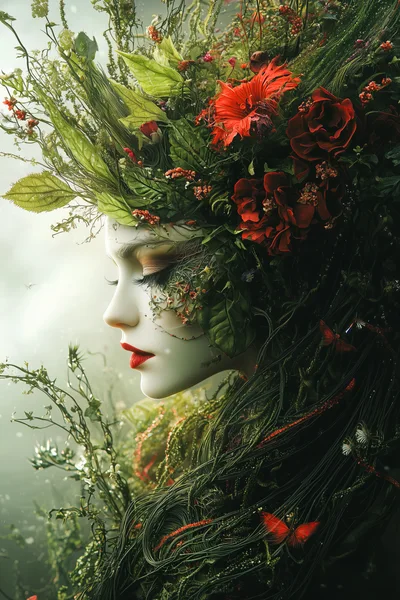 Ethereal Forest Goddess Portrait With Floral Hair