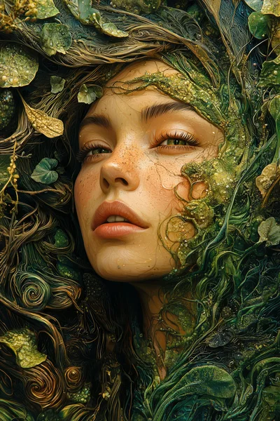 Ethereal Forest Nymph Portrait With Botanical Elements