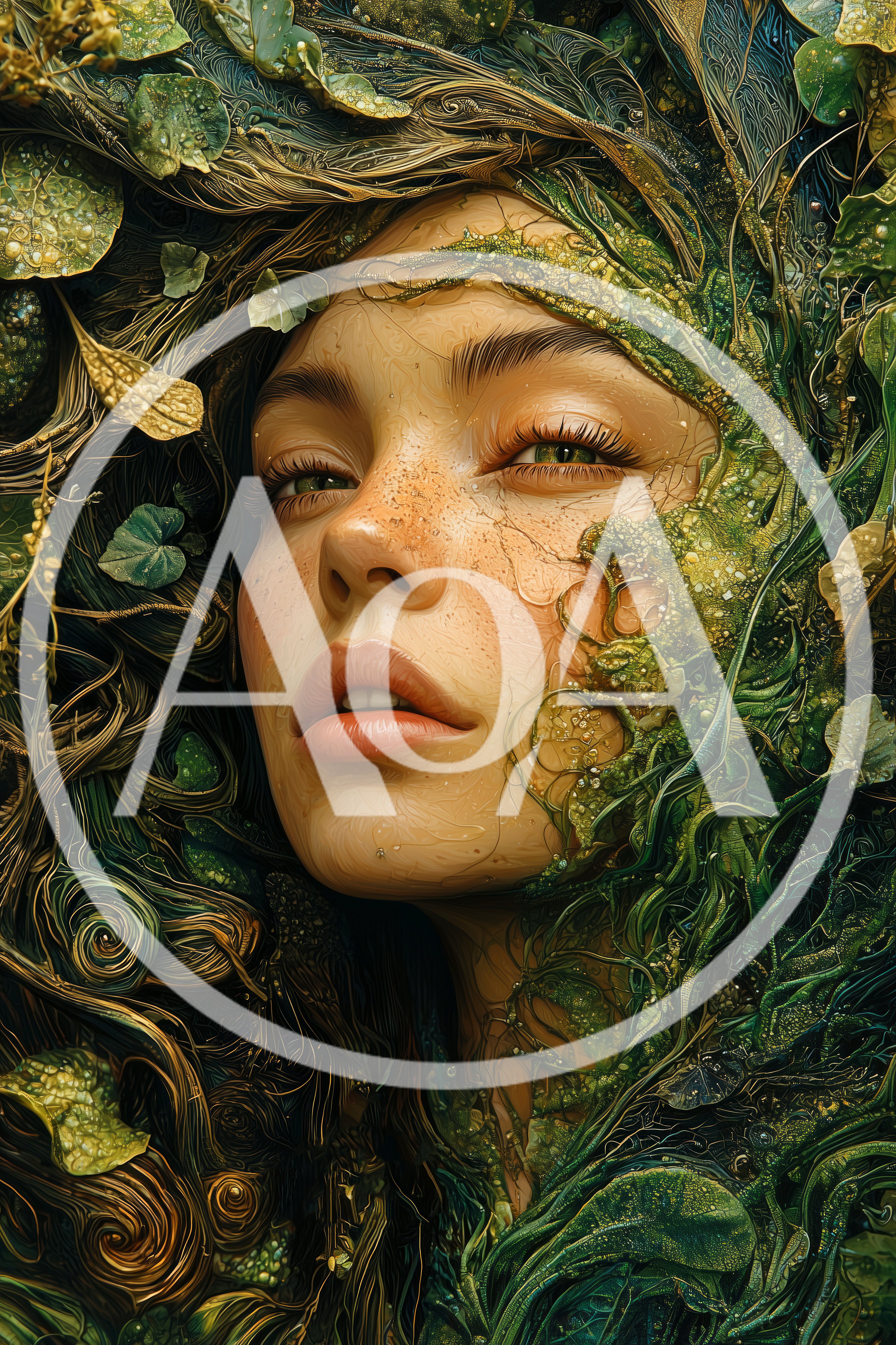 Ethereal Forest Nymph Portrait With Botanical Elements