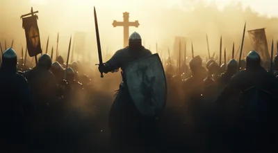 Medieval Knights Marching Into Battle Under A Cross