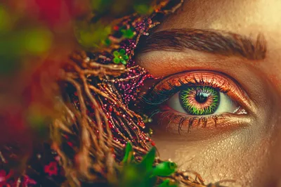 Macro Close Up Of A Human Eye With Floral Makeup