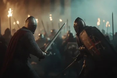 Medieval Knights Engaged In Intense Sword Combat