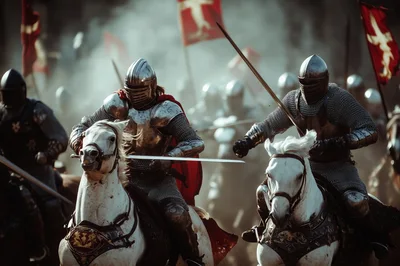 Medieval Knights Charging Into Battle On Horseback