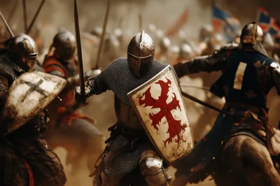 Medieval Knights Engaged In Intense Battlefield Combat