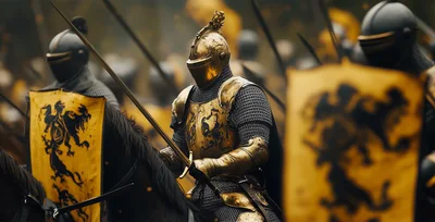 Medieval Knights In Golden Armor Riding Into Battle