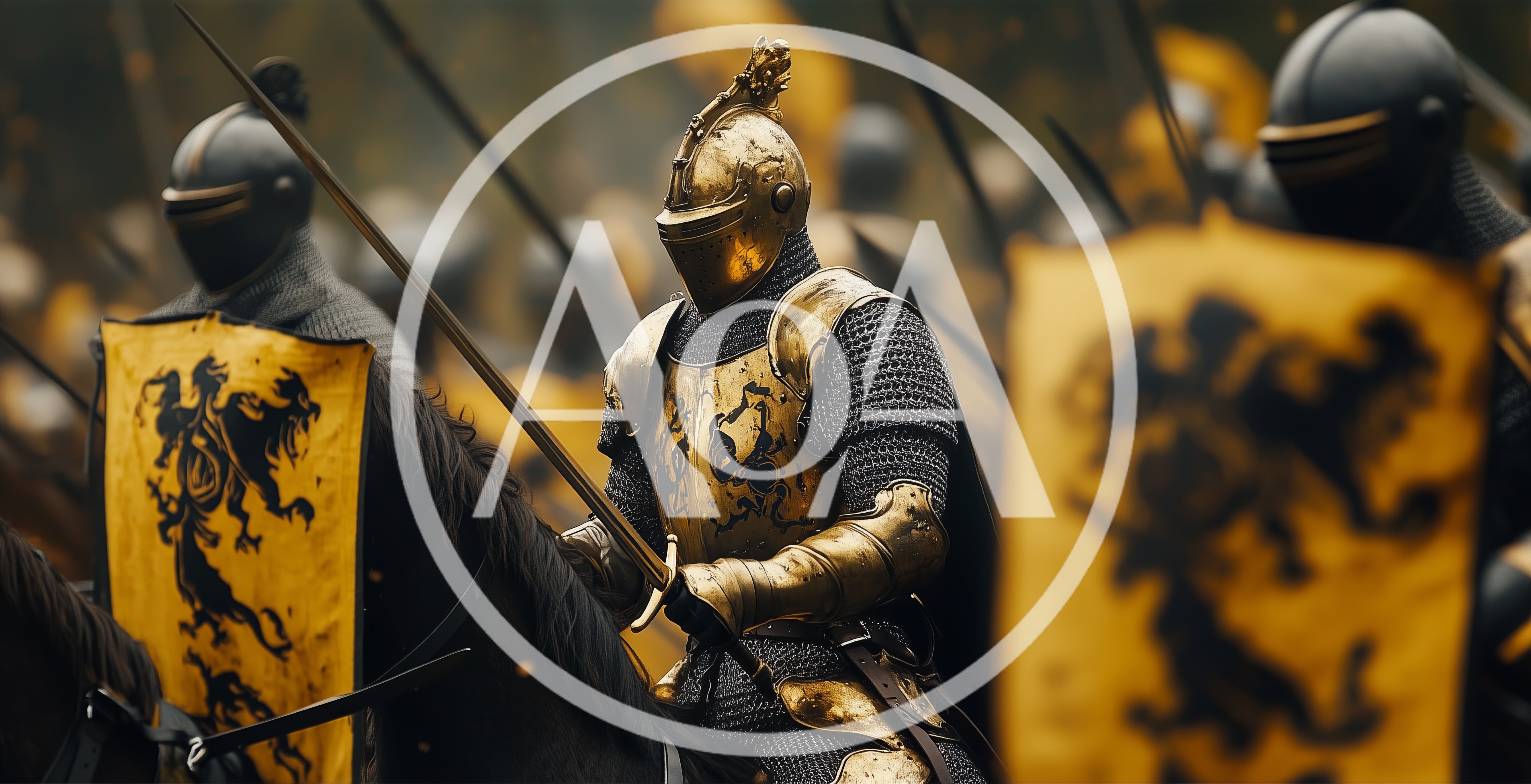 Medieval Knights In Golden Armor Riding Into Battle