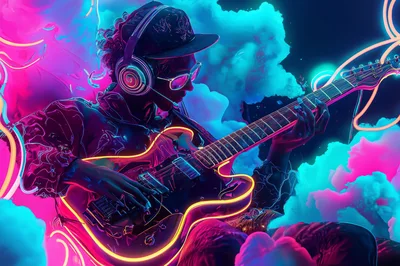 Cyberpunk Musician Playing Neon Electric Guitar