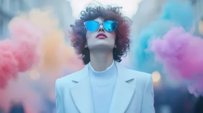 Stylish Woman With Curly Hair Surrounded By Colorful Smoke
