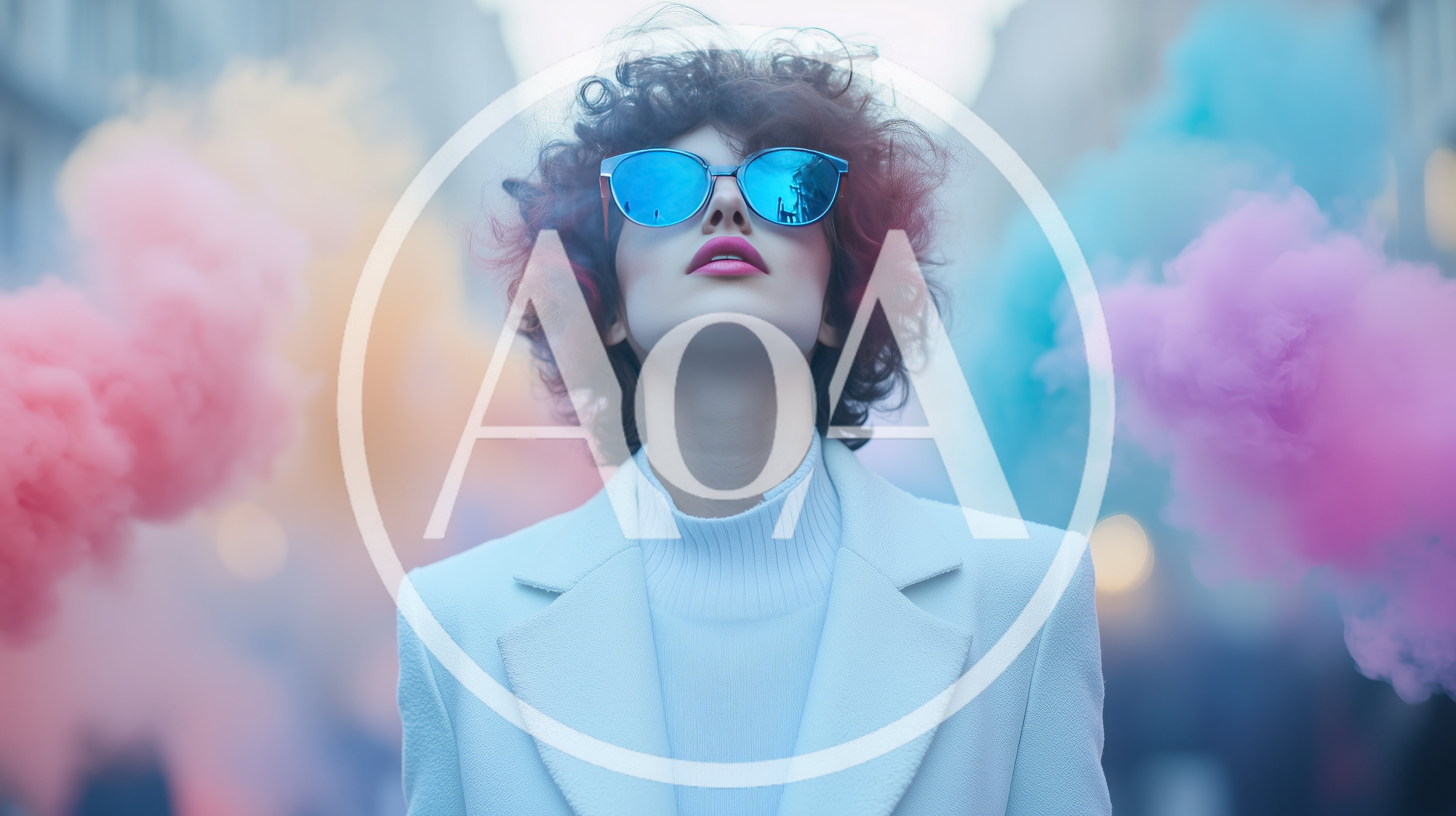Stylish Woman With Curly Hair Surrounded By Colorful Smoke