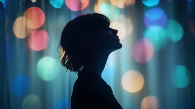 Silhouette Of A Young Woman Against Colorful Bokeh Lights