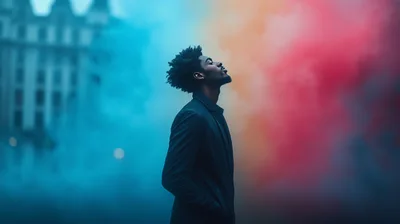 Young Man Standing Amidst Colorful Smoke Clouds