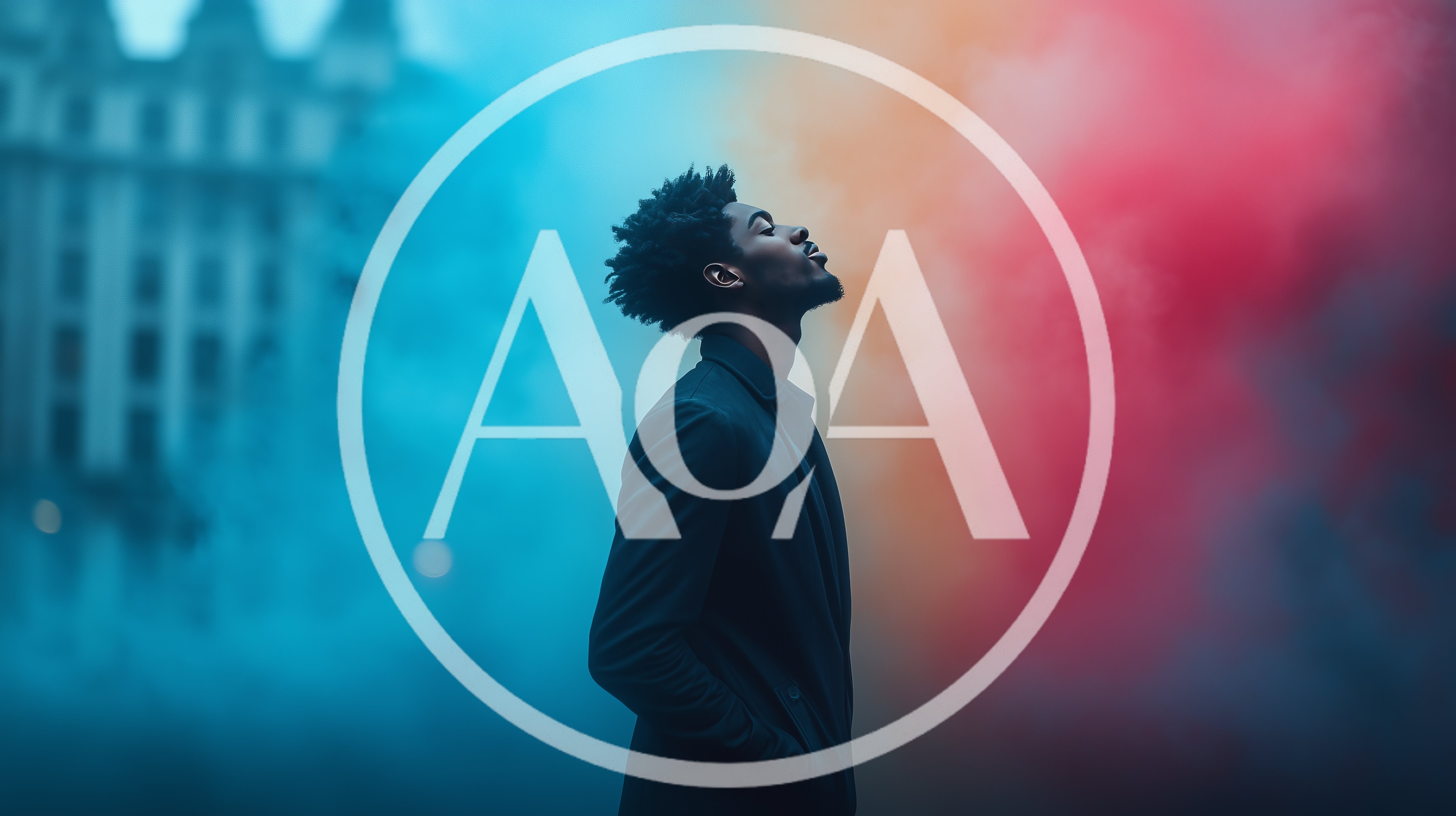 Young Man Standing Amidst Colorful Smoke Clouds