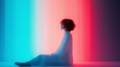 Woman Sitting In Profile Against Gradient Neon Background
