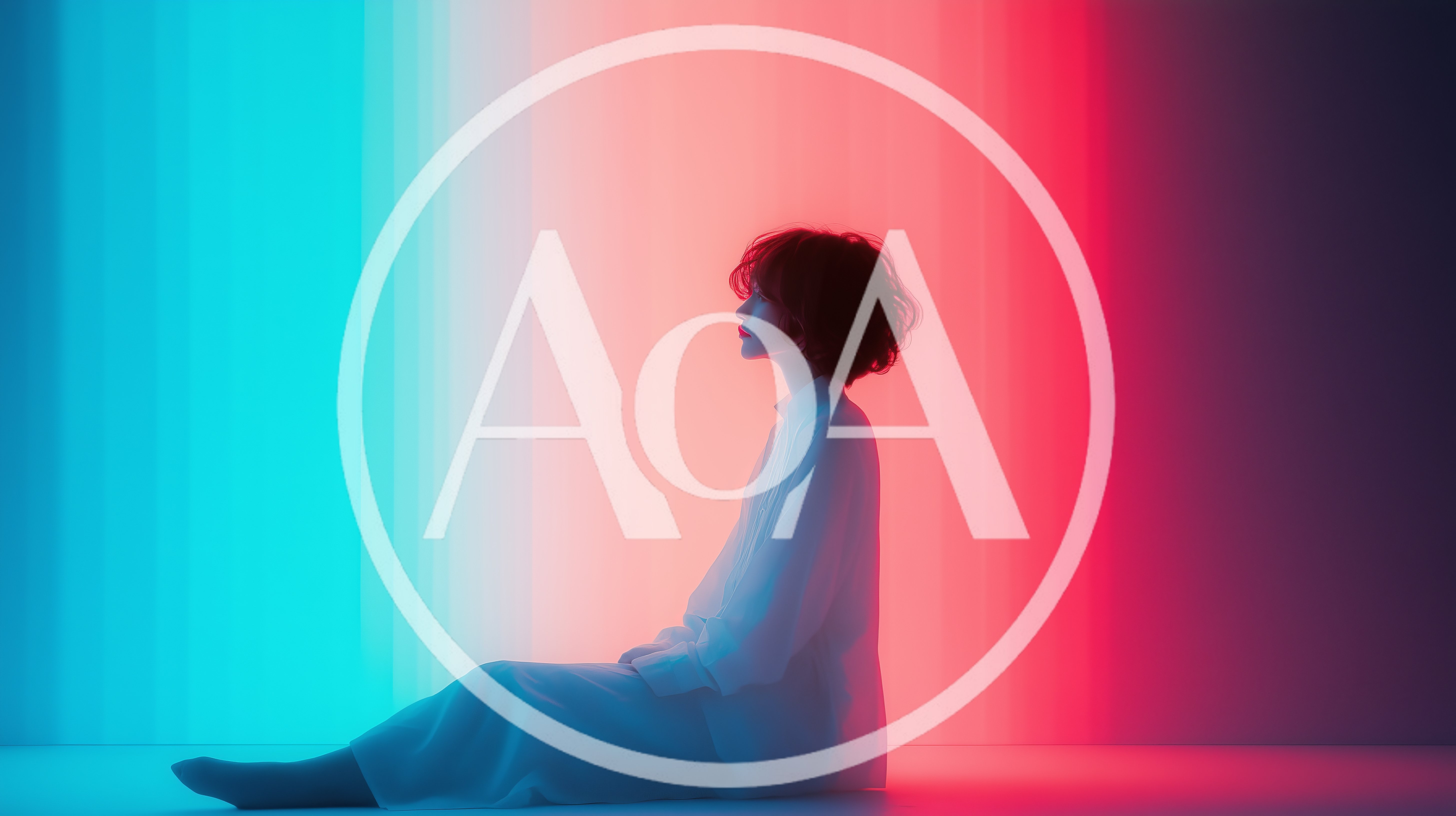 Woman Sitting In Profile Against Gradient Neon Background