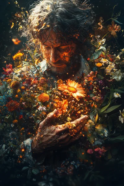 Man Surrounded By Glowing Ethereal Flowers