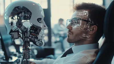 Human Man Interacting With Advanced Artificial Intelligence Robot