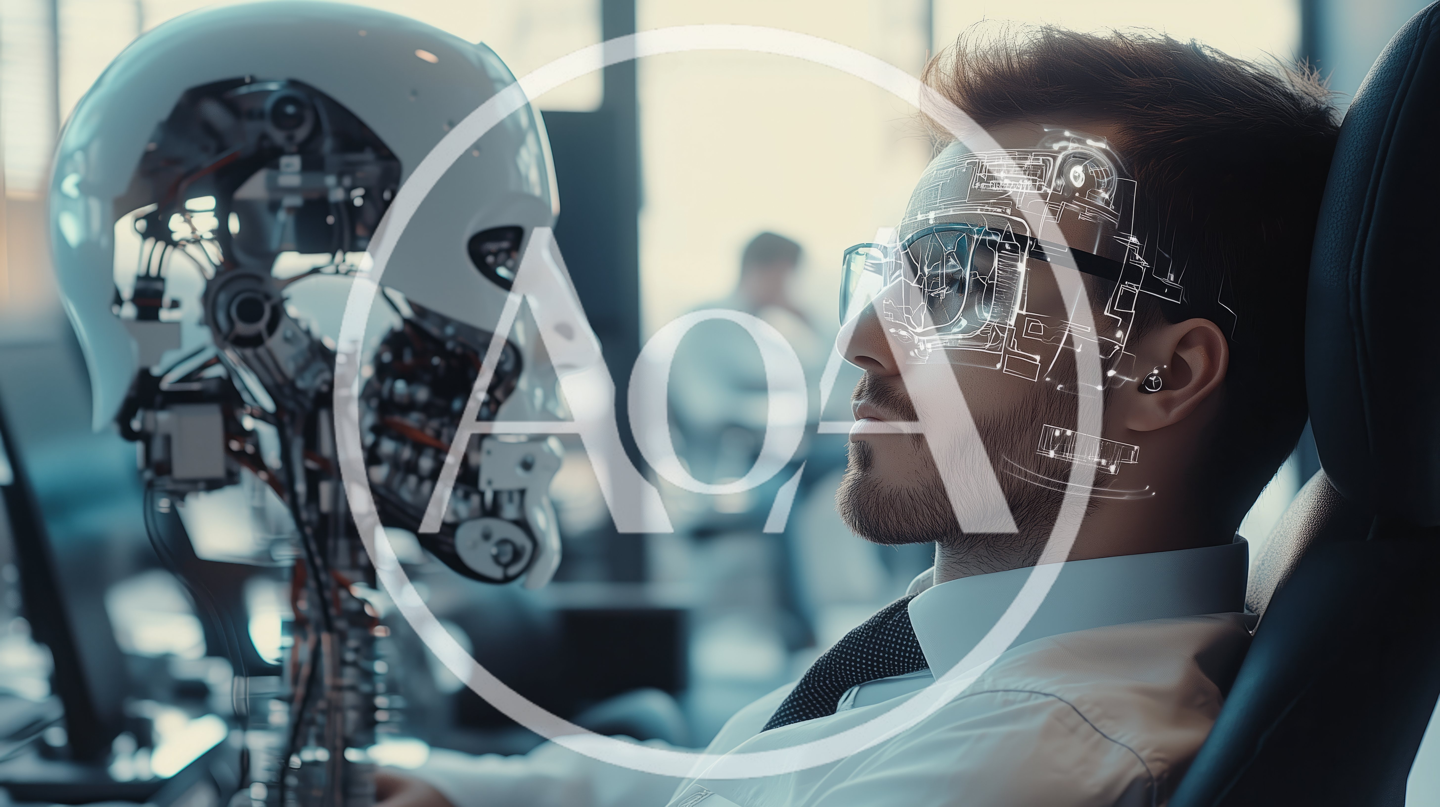 Human Man Interacting With Advanced Artificial Intelligence Robot