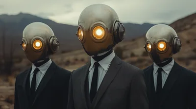 Three Robotic Figures In Suits Standing In Desert Landscape