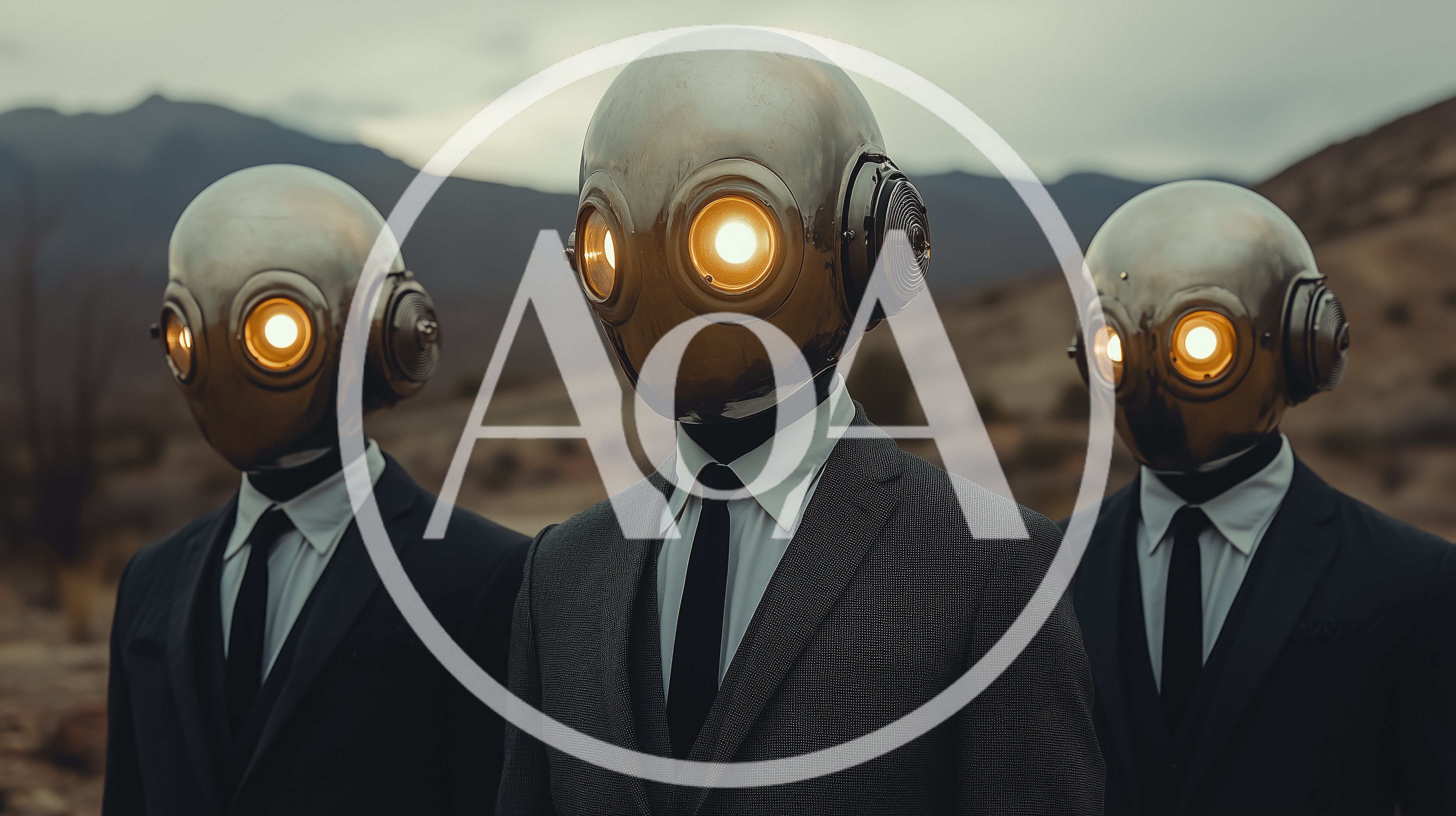 Three Robotic Figures In Suits Standing In Desert Landscape